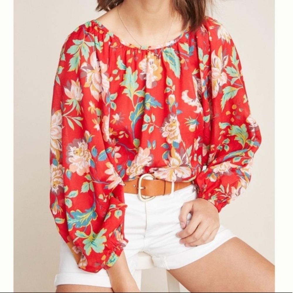 Anthropologie Red Crop Blouse with Relaxed Pleated Style